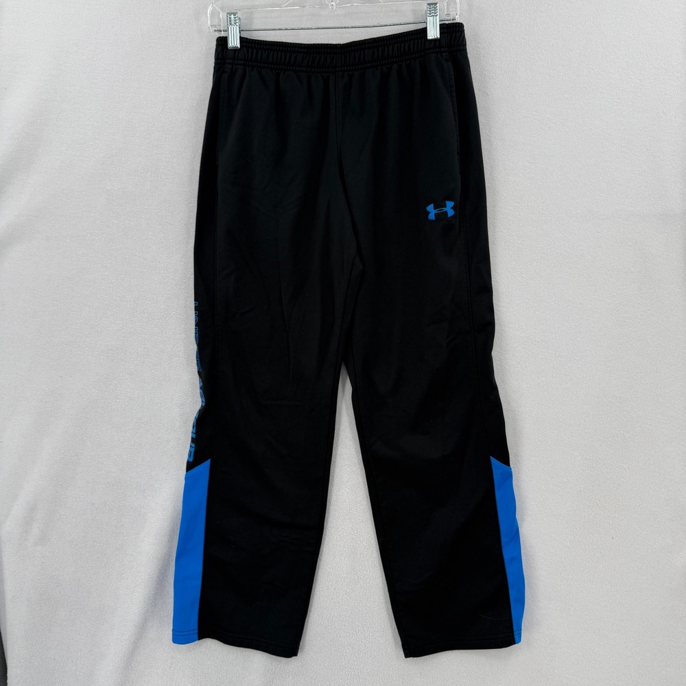 Under Armour Track Pants Boys Size Large Black Blue Loose Fit 1259709